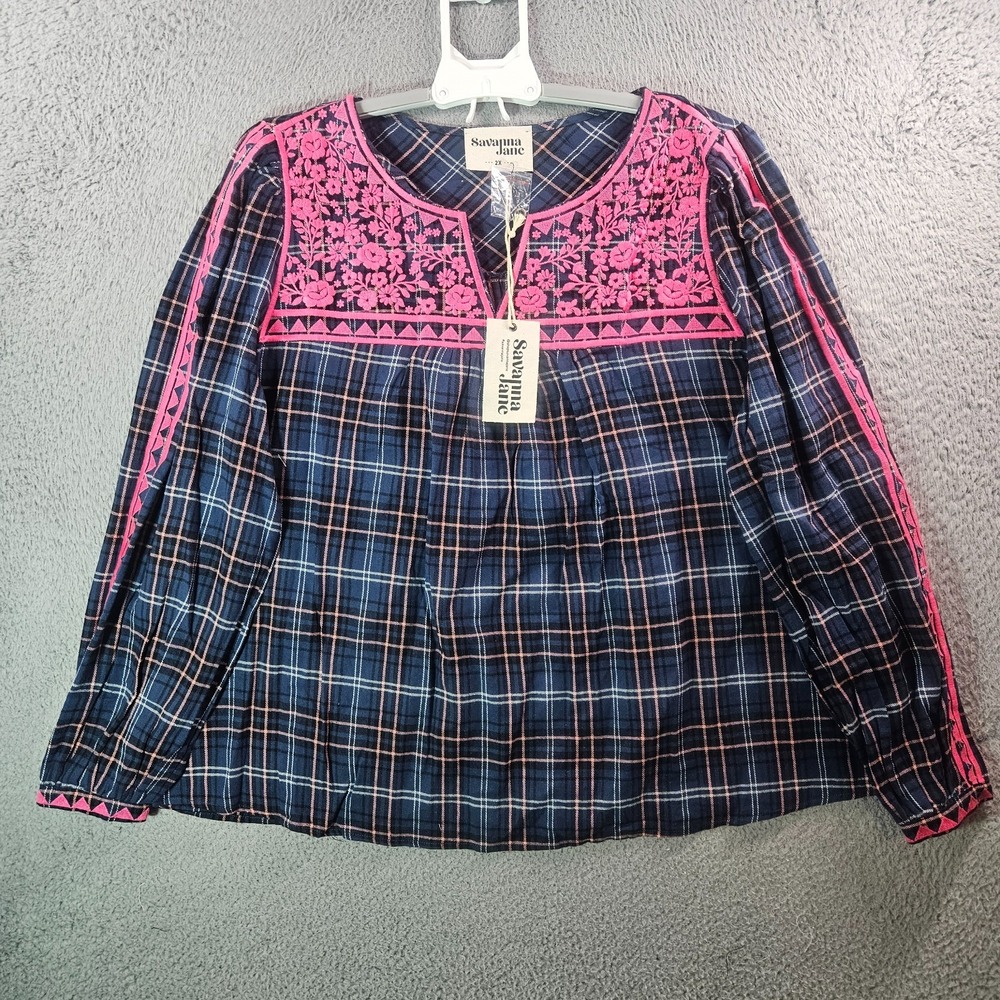 NEW Savanna Jane Top Blouse Women 2X Long Sleeve Floral Embroidered Pink Navy - Picture 1 of 9